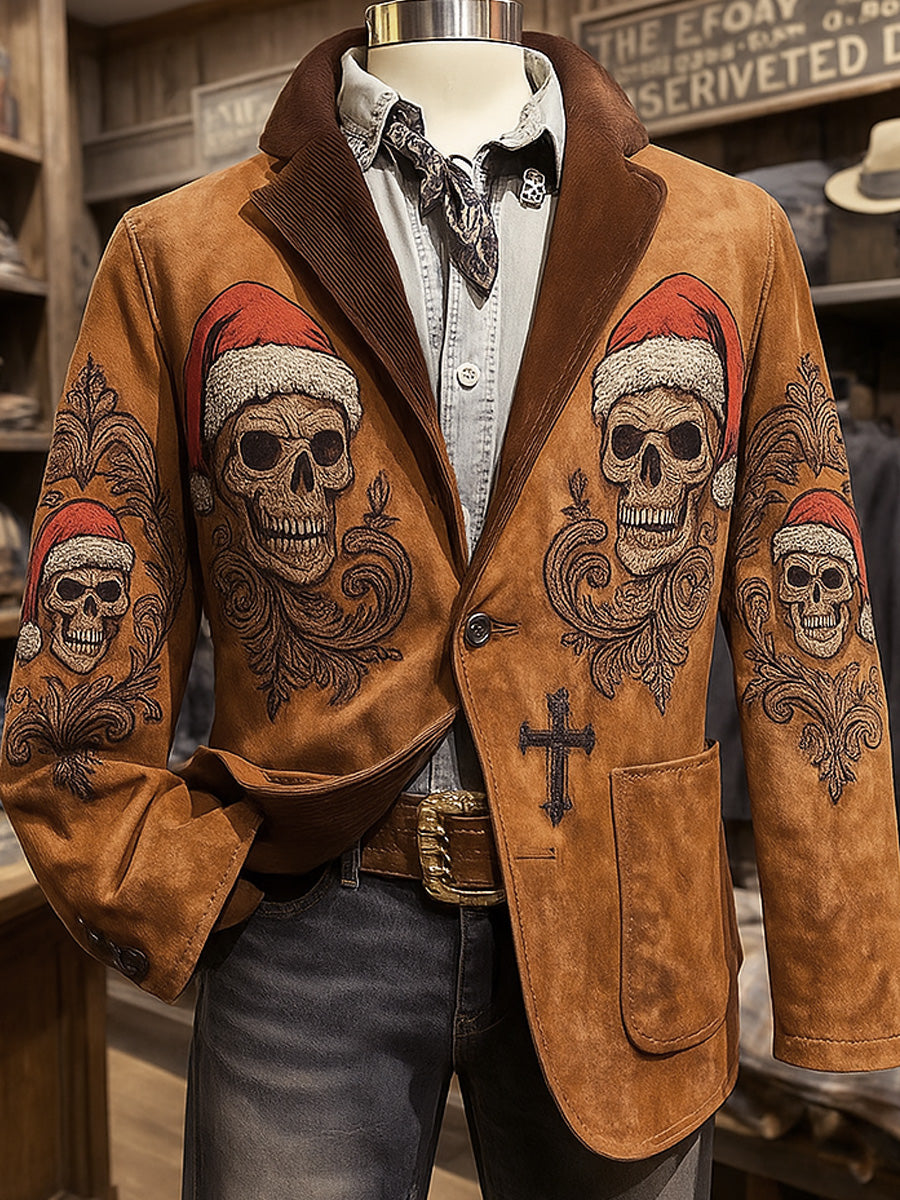 Men's Retro Western Style Christmas Skull Print Casual Corduroy Pocket Blazers
